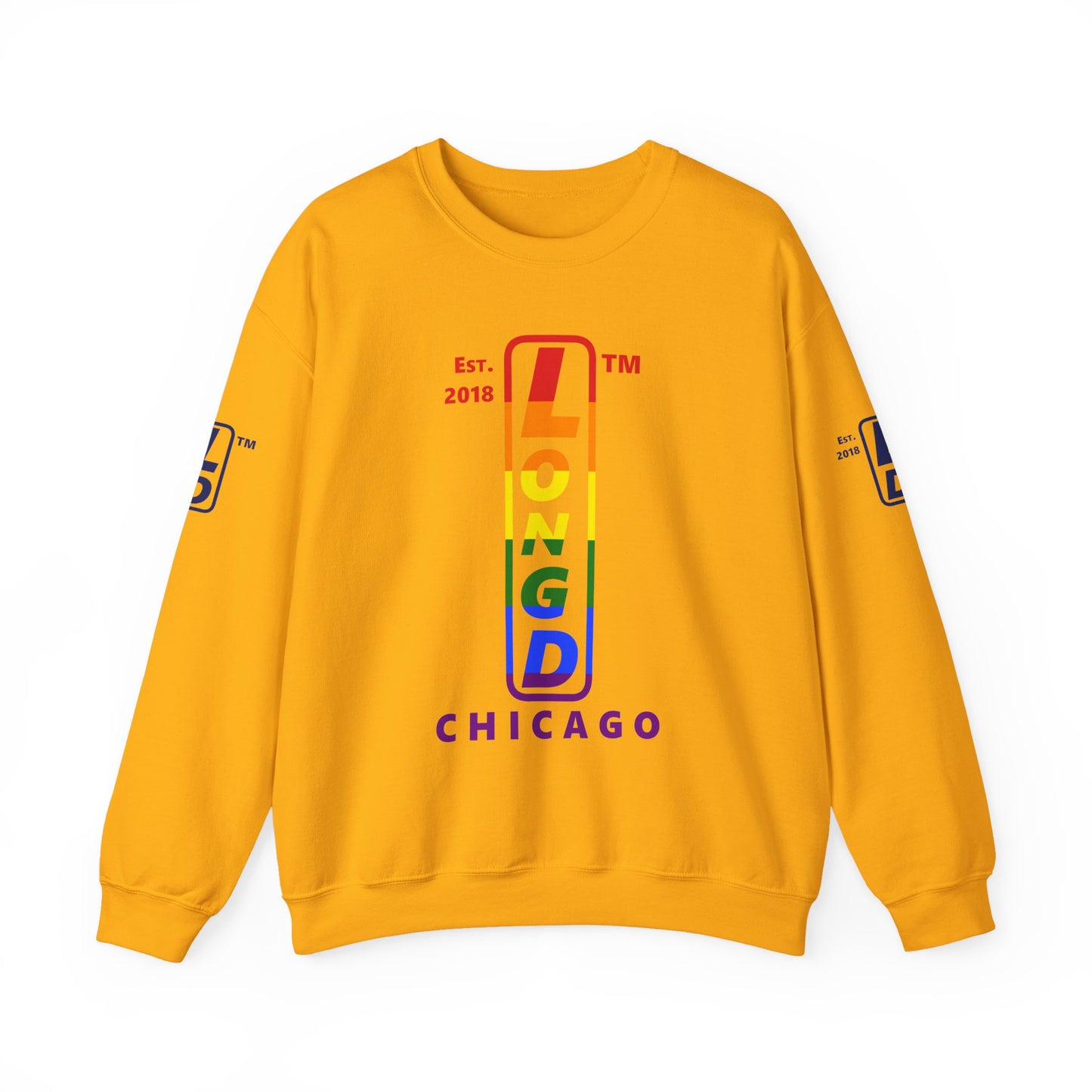 LongD positive horizontal 6-striped Chicago 4-print upright logo crewneck sweatshirt (Pride colors)