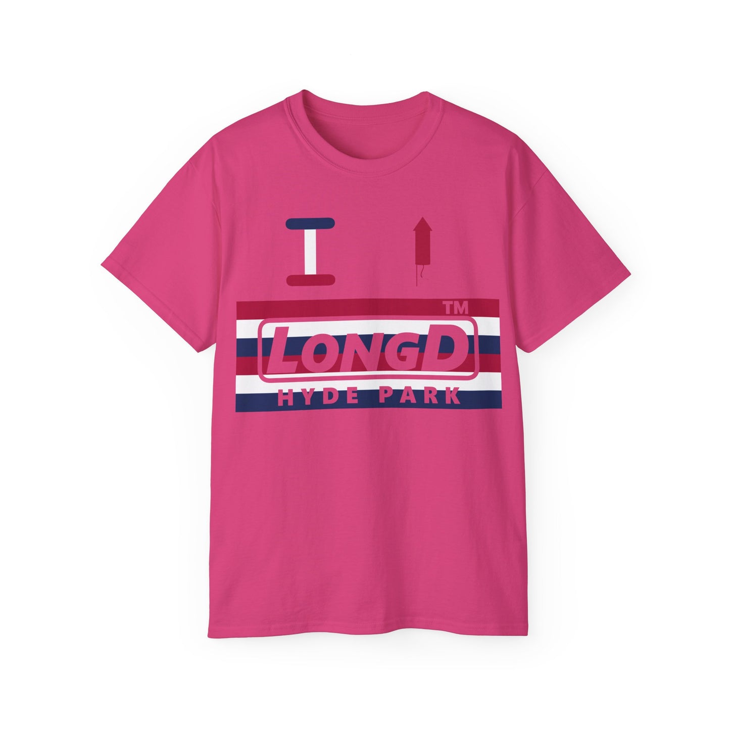 I firecracker LongD negative horizontal 6-striped Hyde Park logo cotton tee