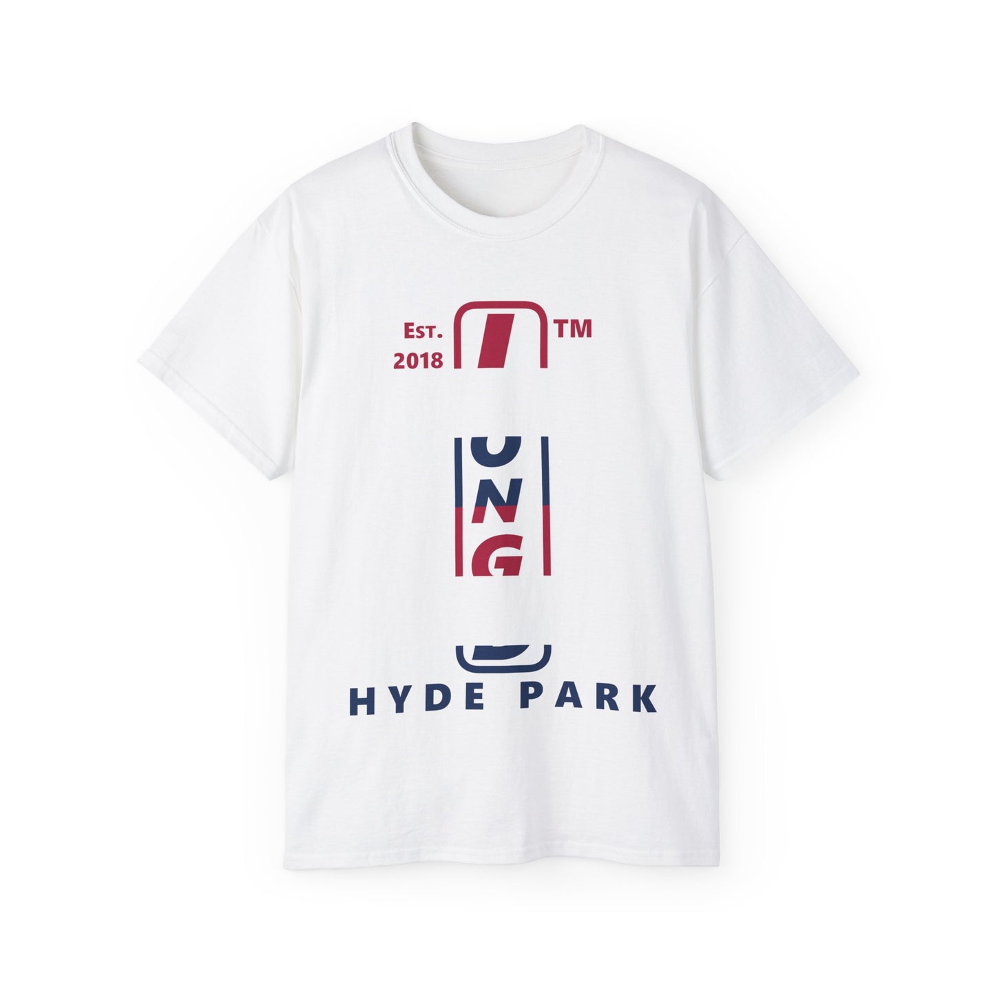 LongD cotton tee positive horizontal 6-striped Hyde Park upright logo (Patriotic colors)