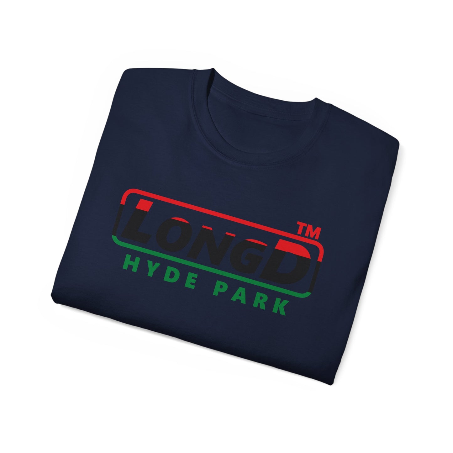 LongD positive horizontal 3-striped Hyde Park logo cotton tee (Juneteenth colors)