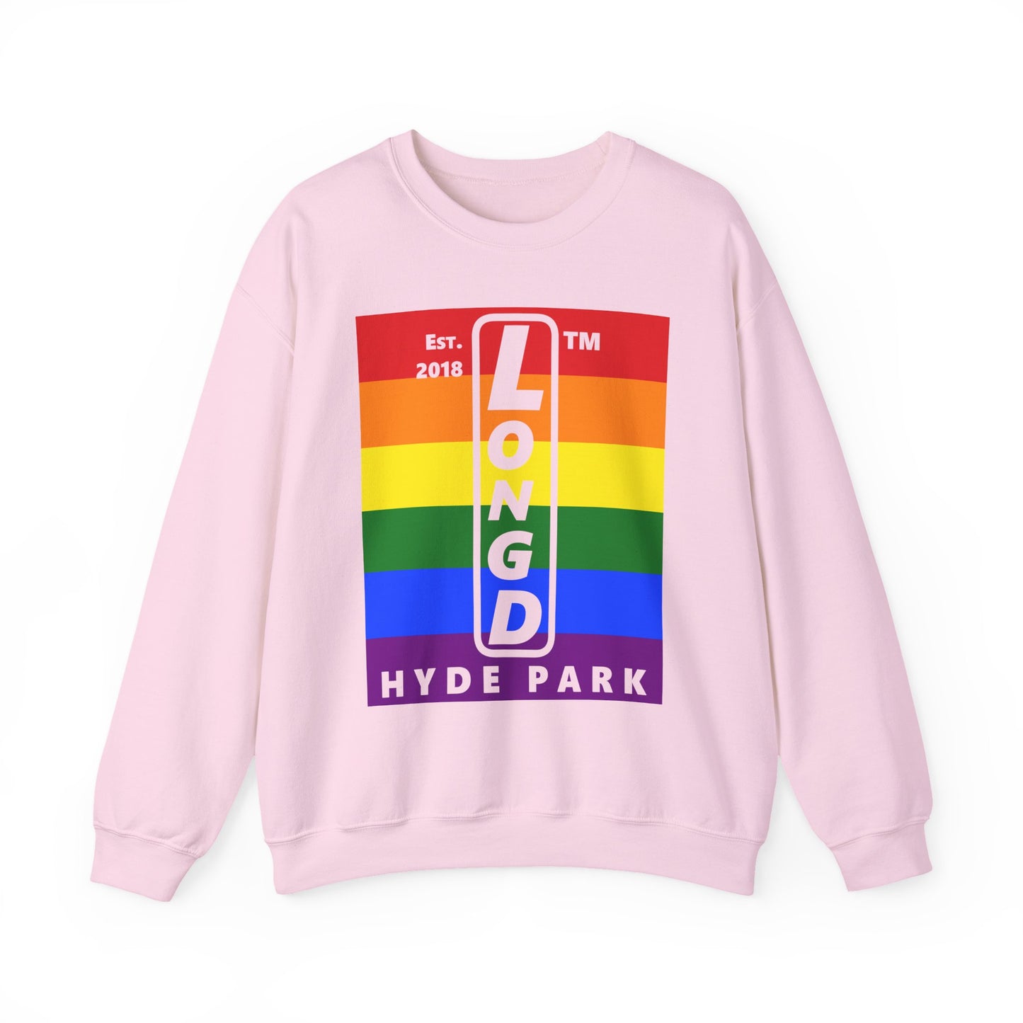 LongD negative horizontal 6-striped Hyde Park upright logo crewneck sweatshirt (Pride colors)