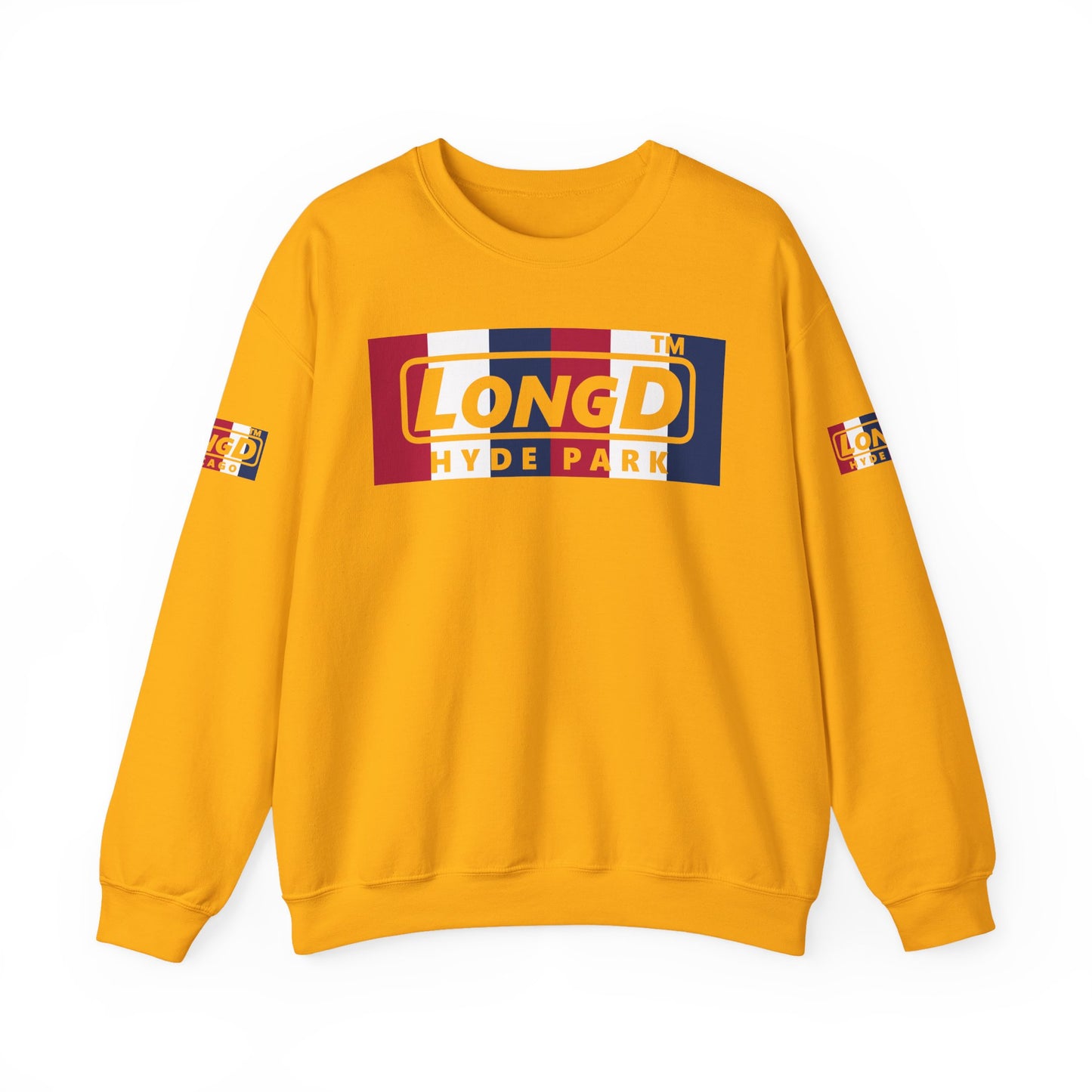LongD negative vertical 6-striped 4-print double-breasted Hyde Park logo crewneck sweatshirt (patriotic colors)