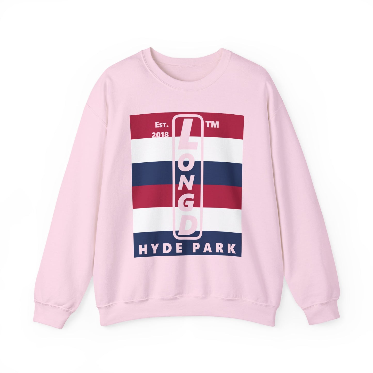 LongD negative horizontal 6-striped Hyde Park upright logo crewneck sweatshirt (patriotic colors)