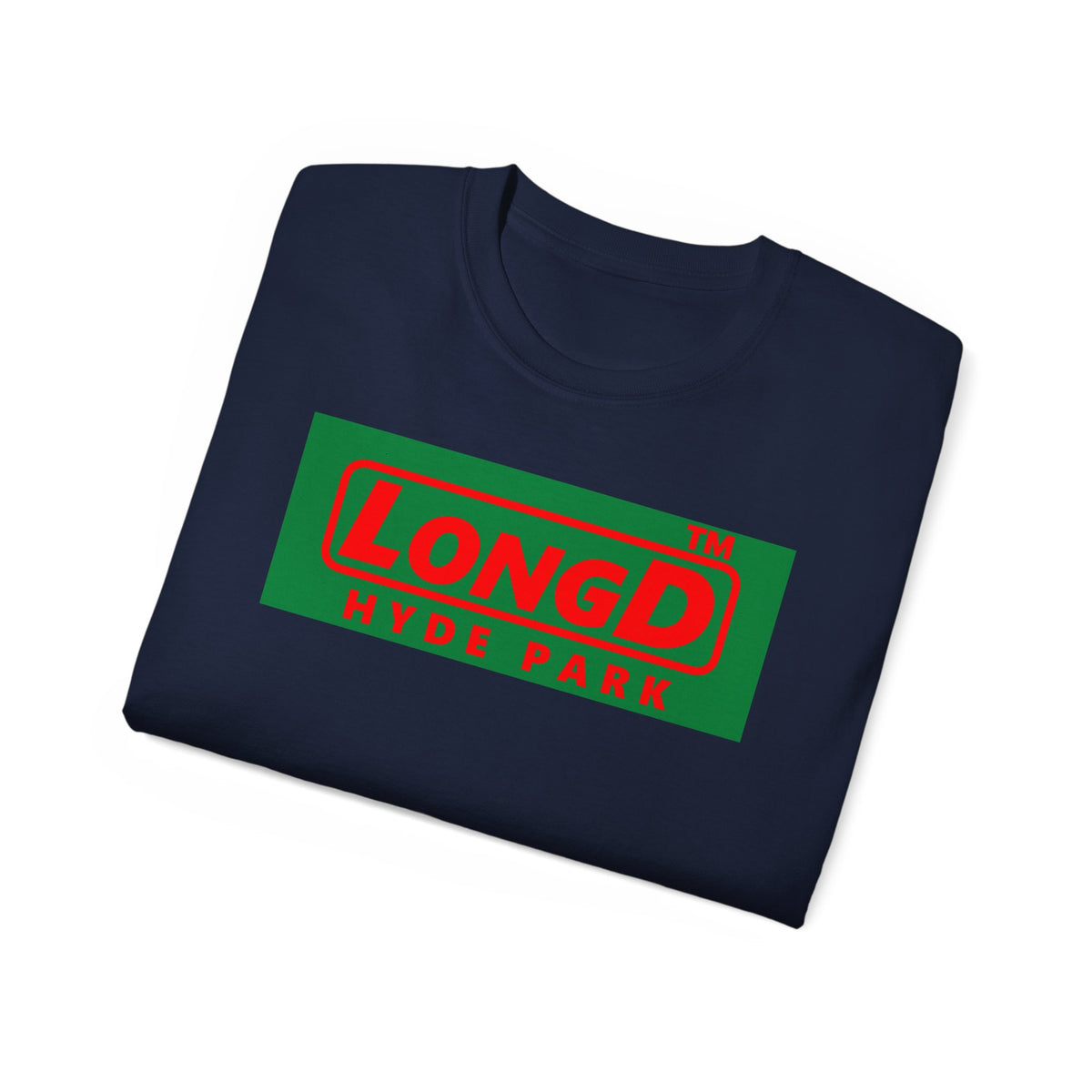 LongD Hyde Park logo positive red on negative green (Xmas colors) cotton tee
