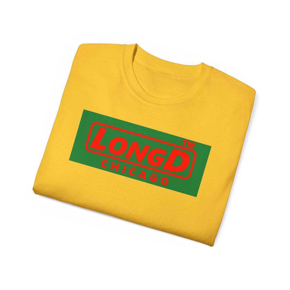 LongD Chicago logo positive red on negative green (Xmas colors) cotton tee
