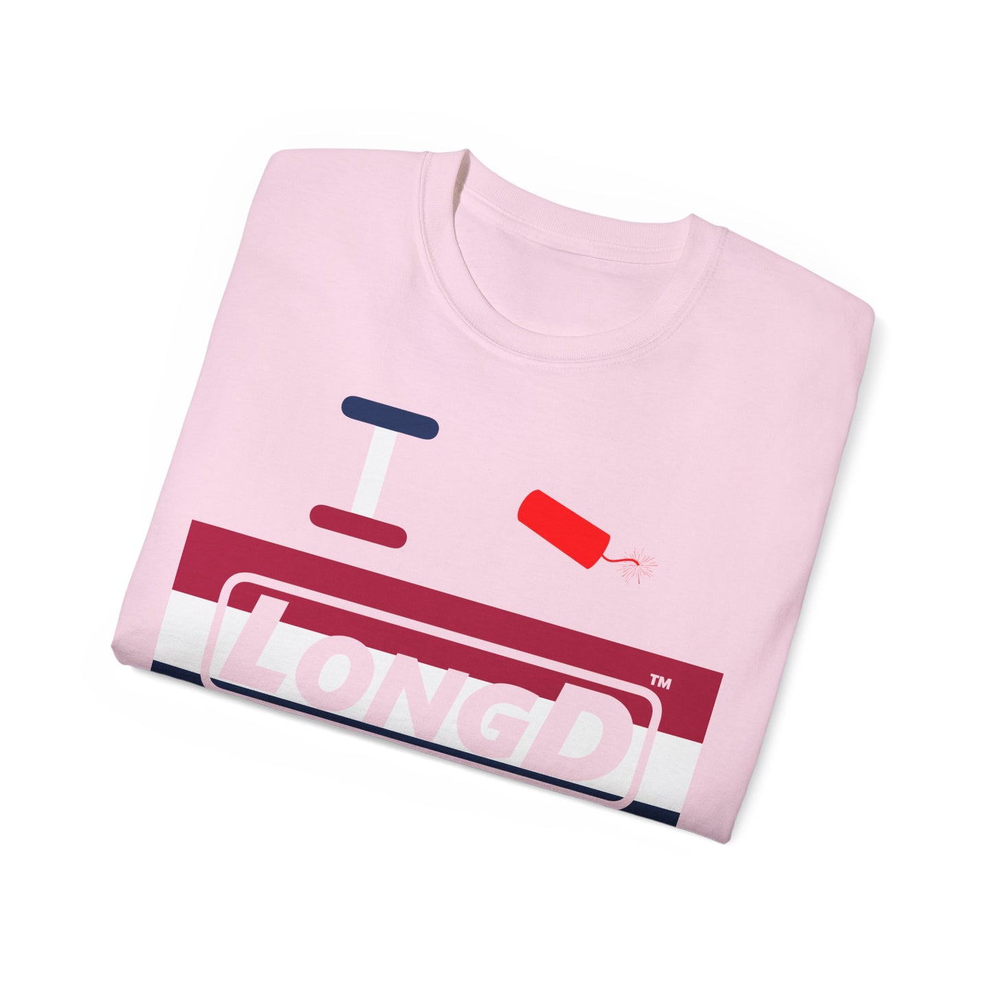 I Firecracker LongD® Logo Cotton Tee Red, White and Blue striped thirds text