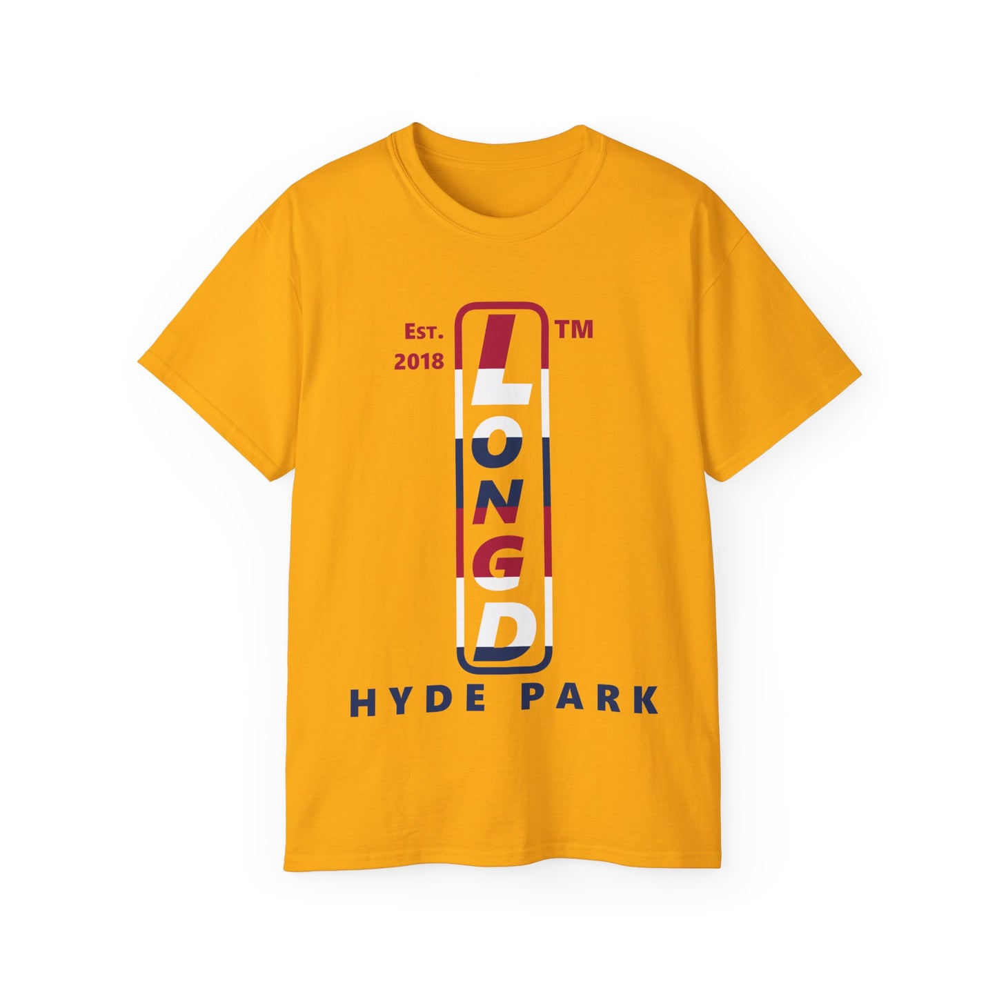 LongD cotton tee positive horizontal 6-striped Hyde Park upright logo (Patriotic colors)