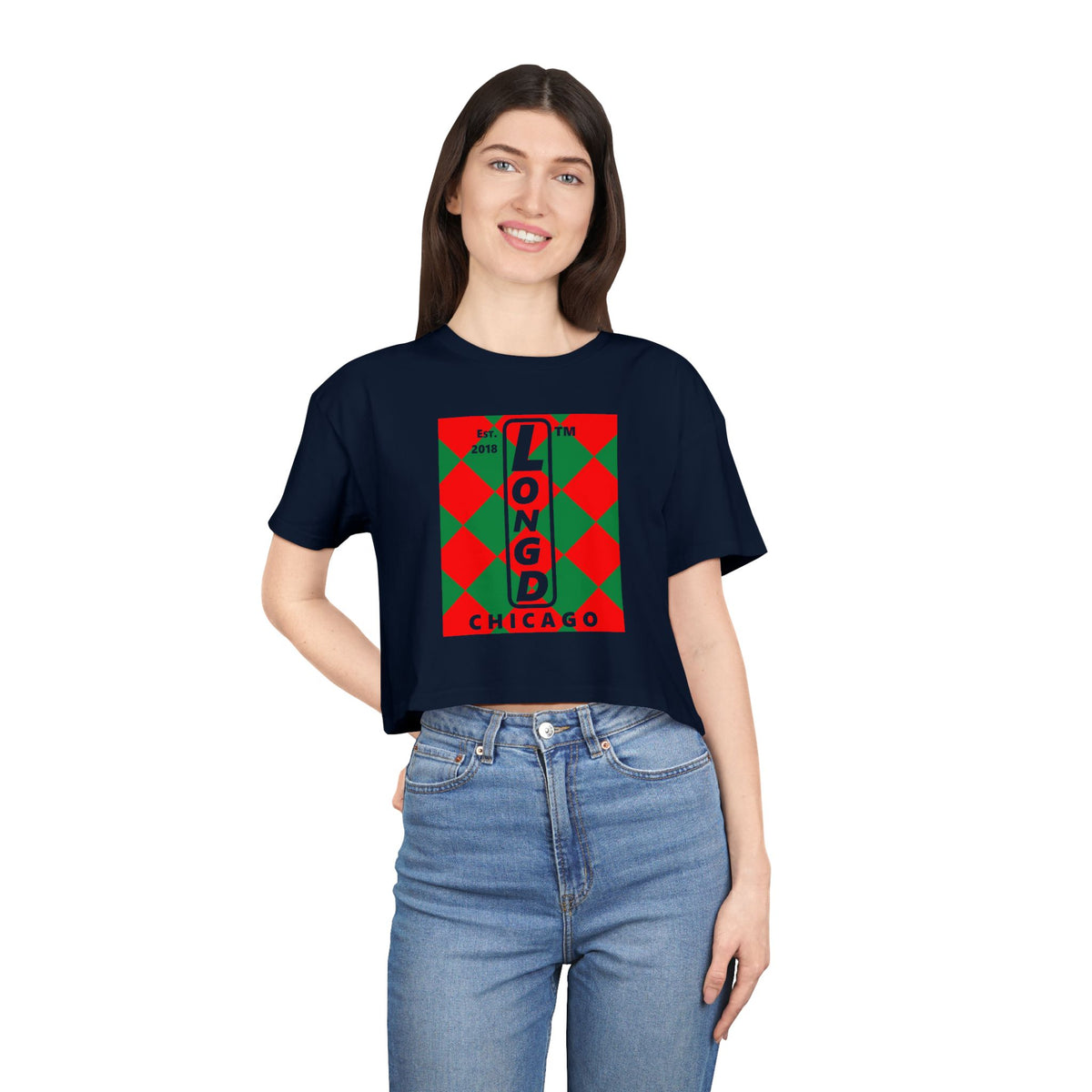 LongD Chicago negative upright argyle logo (Xmas colors) crop tee