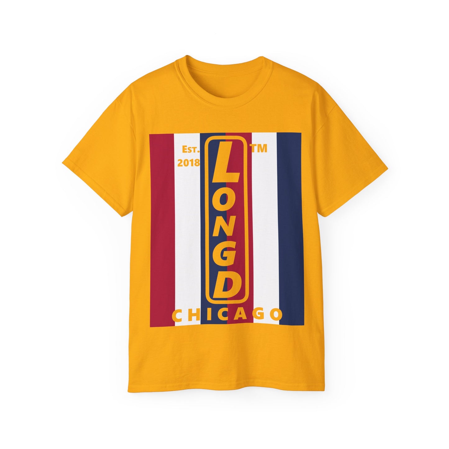 LongD cotton tee negative vertical 6-striped Chicago upright logo (Patriotic colors)
