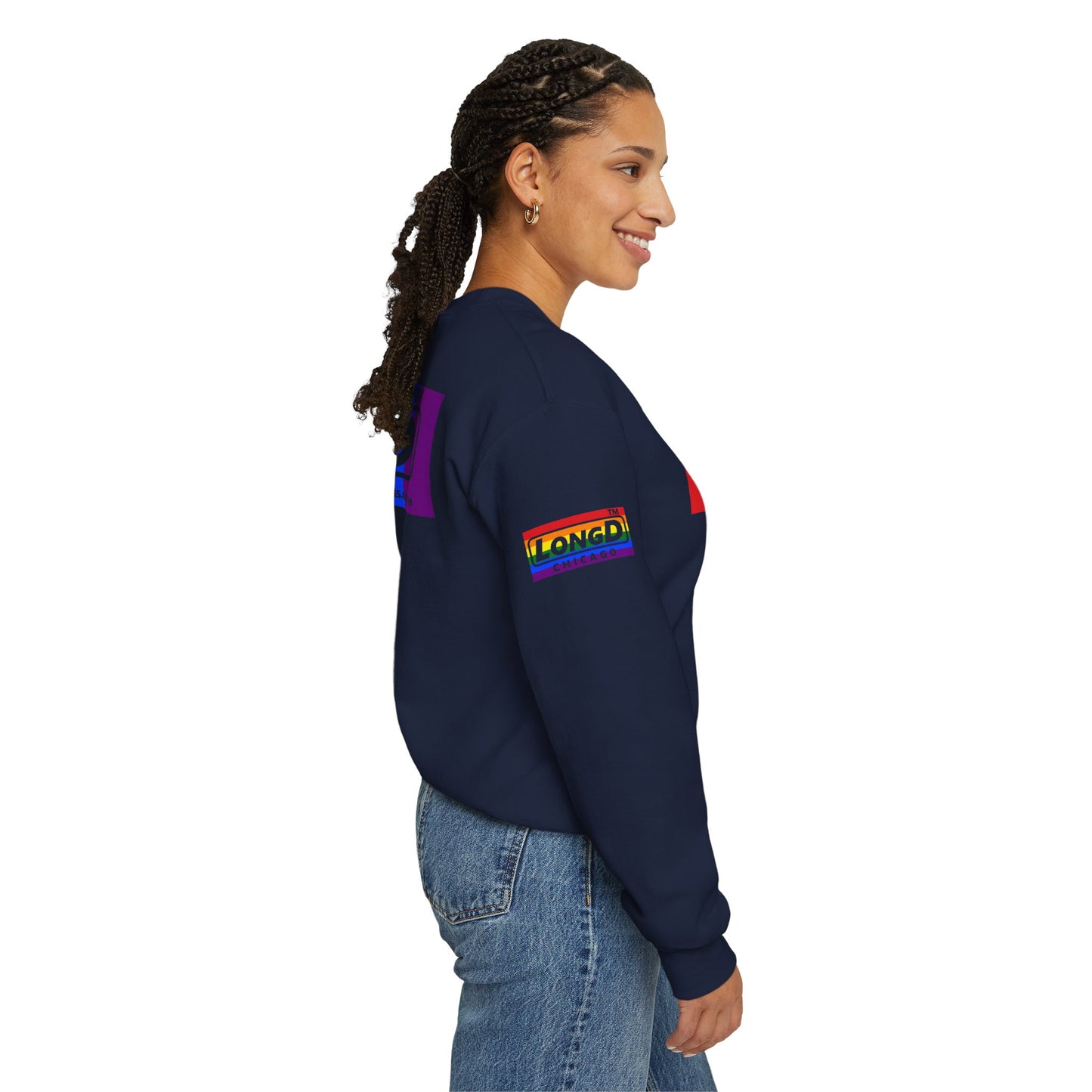 LongD official basic 4-print tag logo crewneck sweatshirt with Pride heart