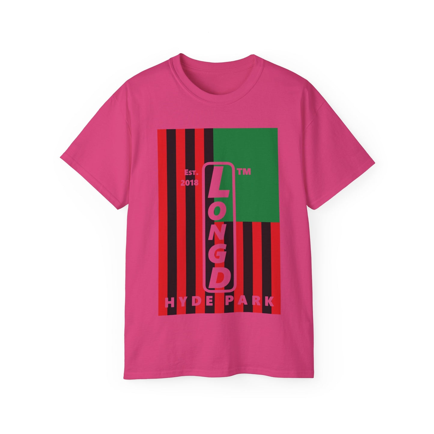 LongD Cotton Tee negative flag Hyde Park upright logo (Juneteenth colors)