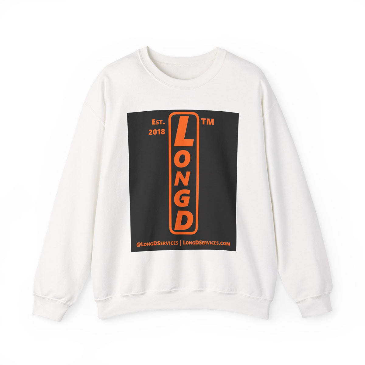 LongD Tag-domain upright front-back logo orange (FE7518) on Black (000000) crewneck sweatshirt
