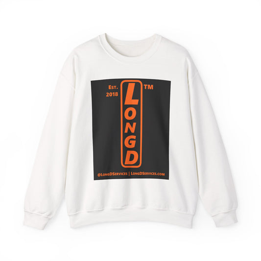 LongD Tag-domain upright front-back logo positive orange on negative black crewneck sweatshirt