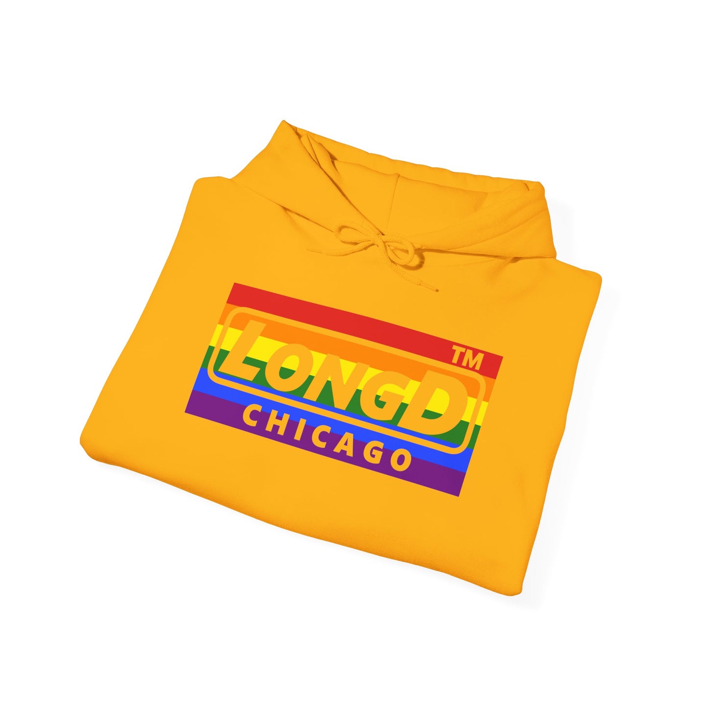 LongD® negative horizontal striped Chicago logo hoodie (Pride colors)