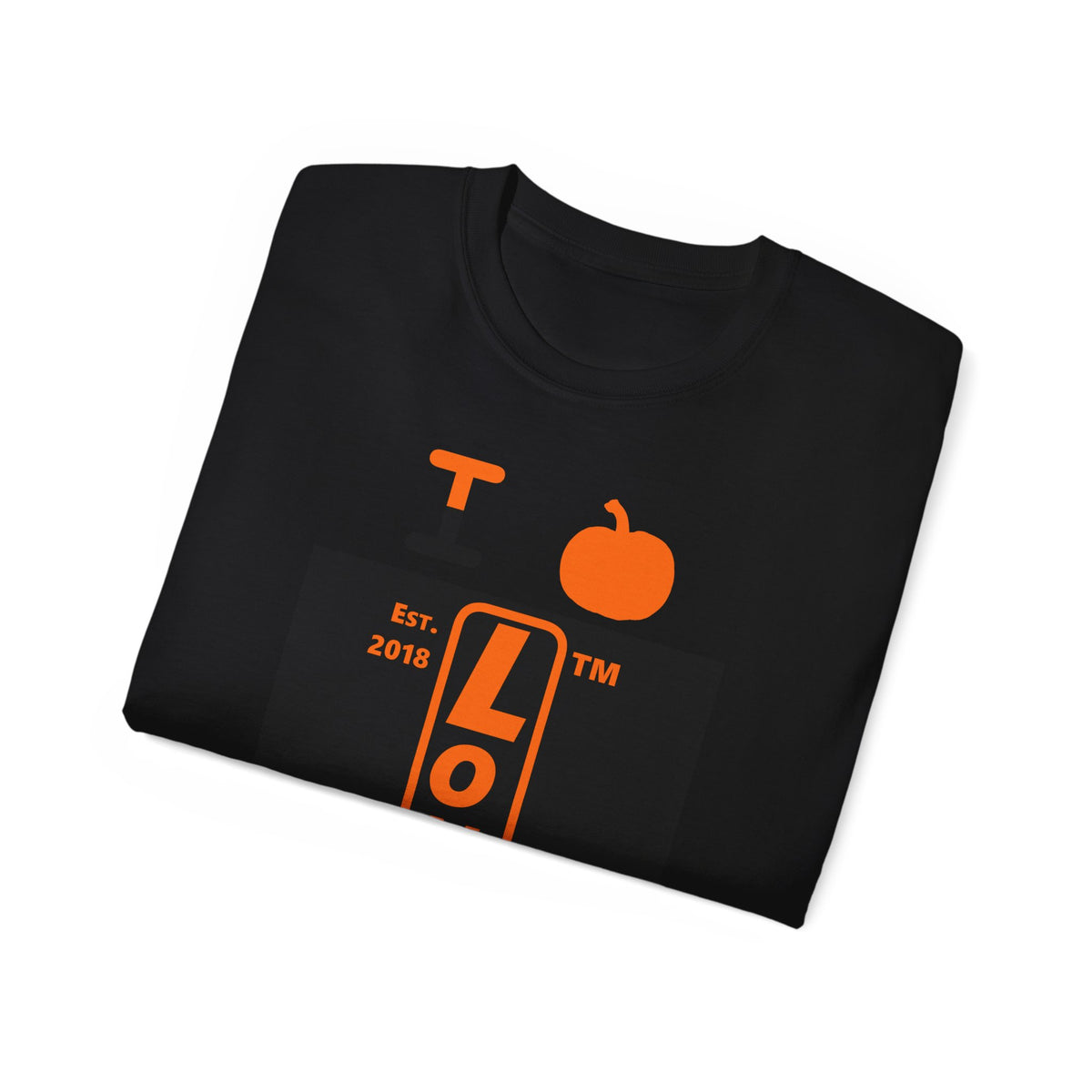 I pumpkin LongD Hyde Park upright logo positive orange on negative black cotton tee