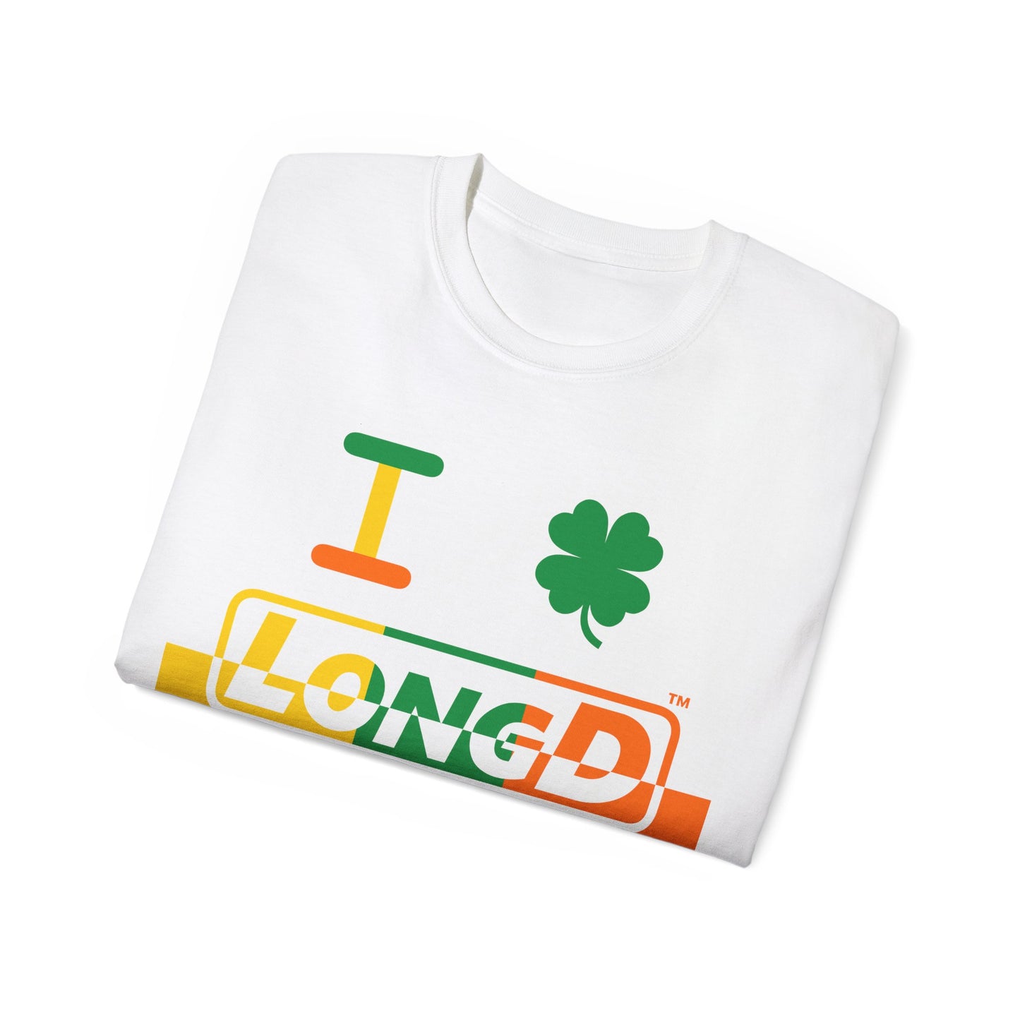 I Clover LongD® Logo Cotton Tee (St. Patrick's Day -Irish Green, Golden Yellow and Irish Orange thirds top-bottom positive-negative split with 4-leaf clover)