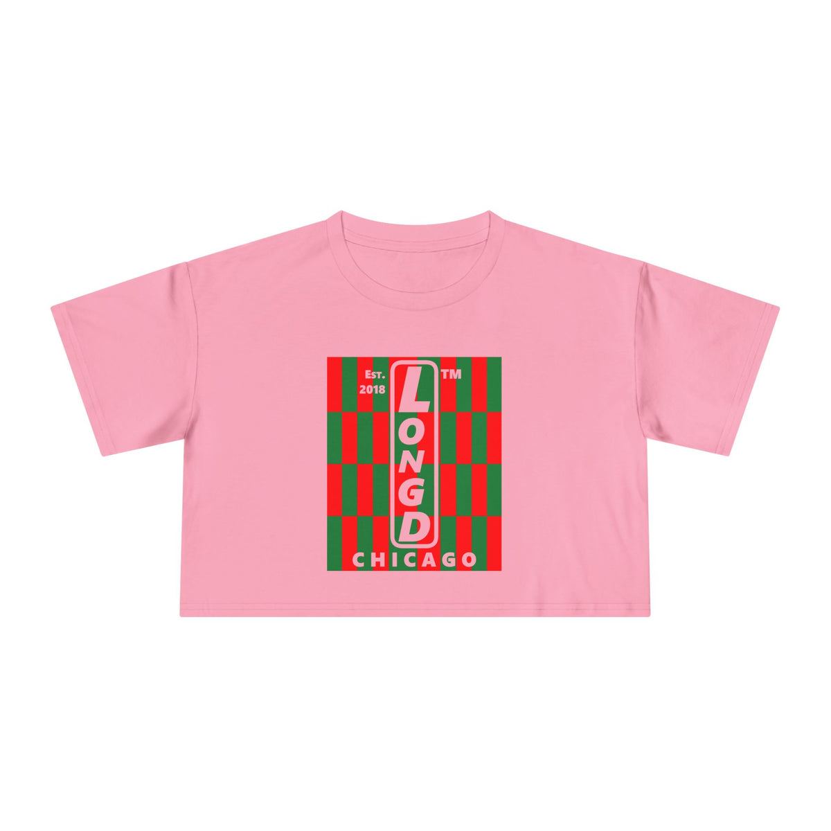 LongD Chicago negative upright tiled logo (Xmas colors) crop tee