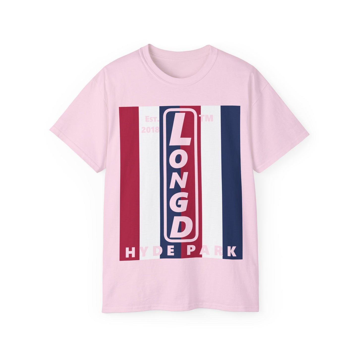 LongD cotton tee negative vertical 6-striped Hyde Park upright logo (Patriotic colors)