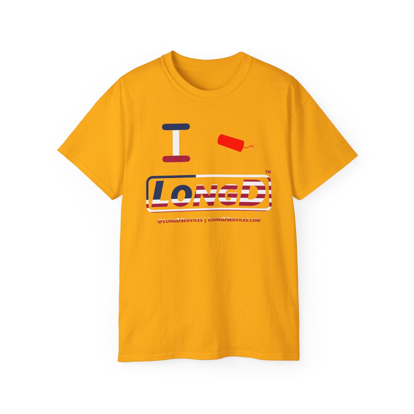 I Firecracker LongD® Logo Cotton Tee Red, White and Blue positive flag