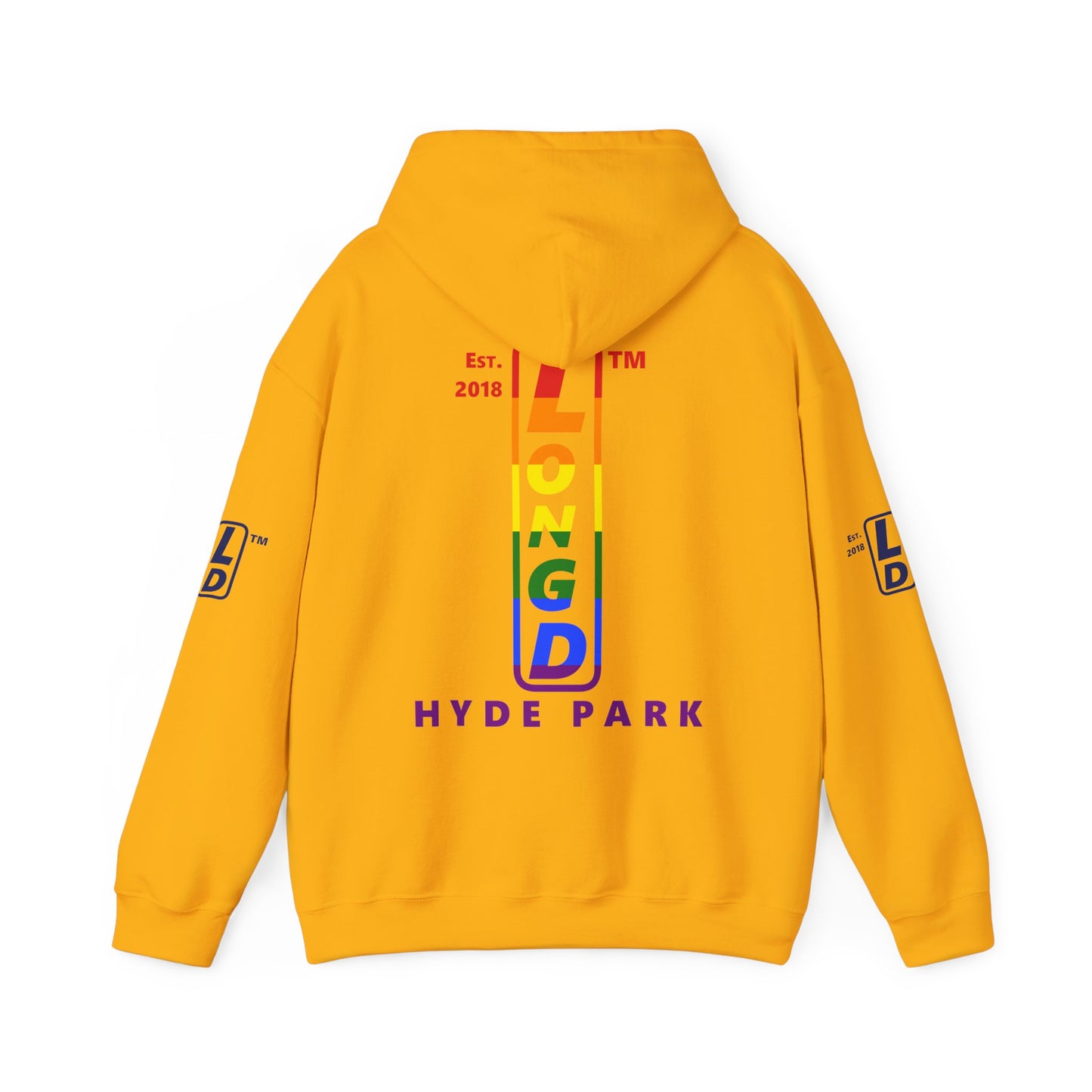LongD® positive horizontal 6-striped Hyde Park 4-print upright logo hoodie (Pride colors)