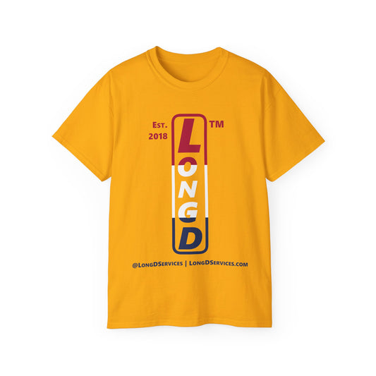 LongD cotton tee positive horizontal 3-striped tag-domain upright logo (Patriotic colors)