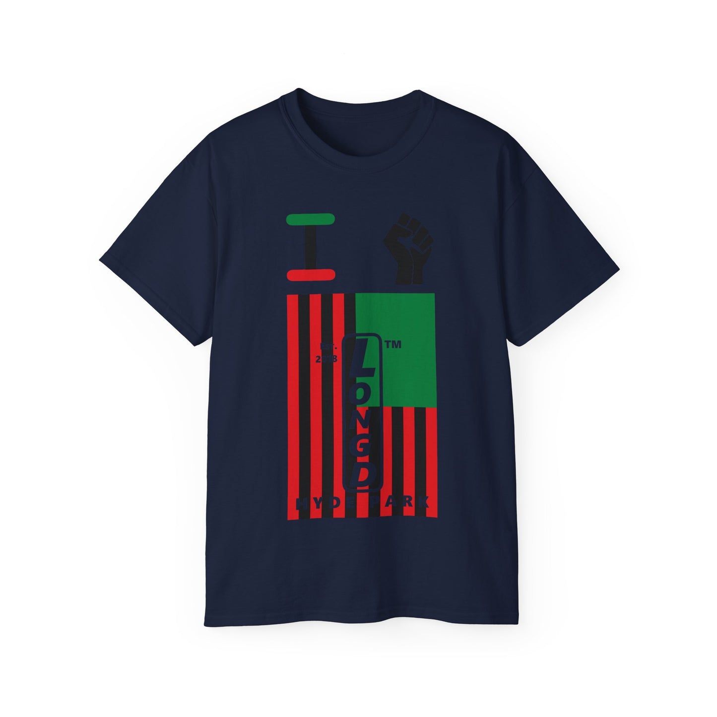I fist LongD Cotton Tee negative flag Hyde Park upright logo (Juneteenth colors)