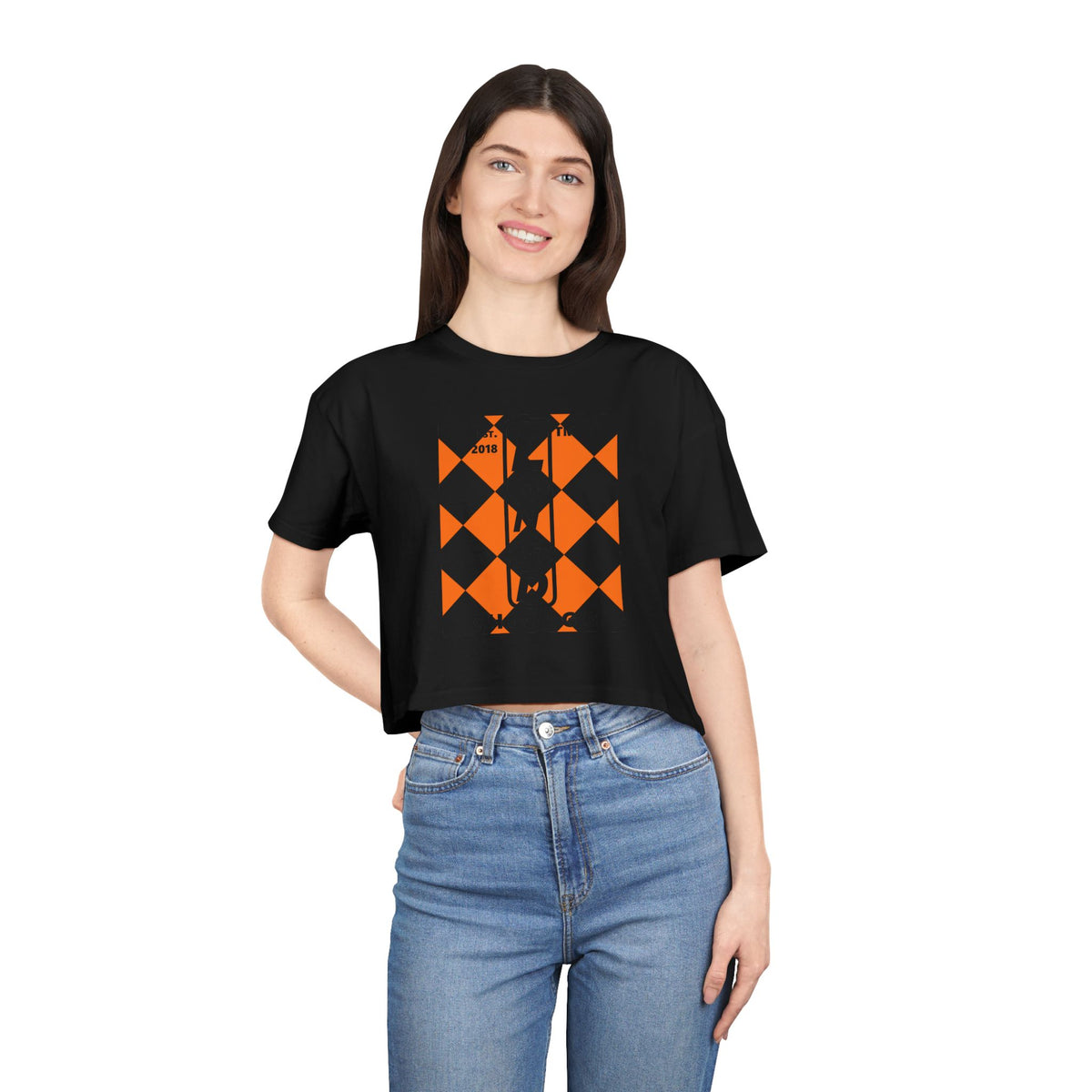 LongD Chicago negative upright argyle logo (Halloween colors) crop tee