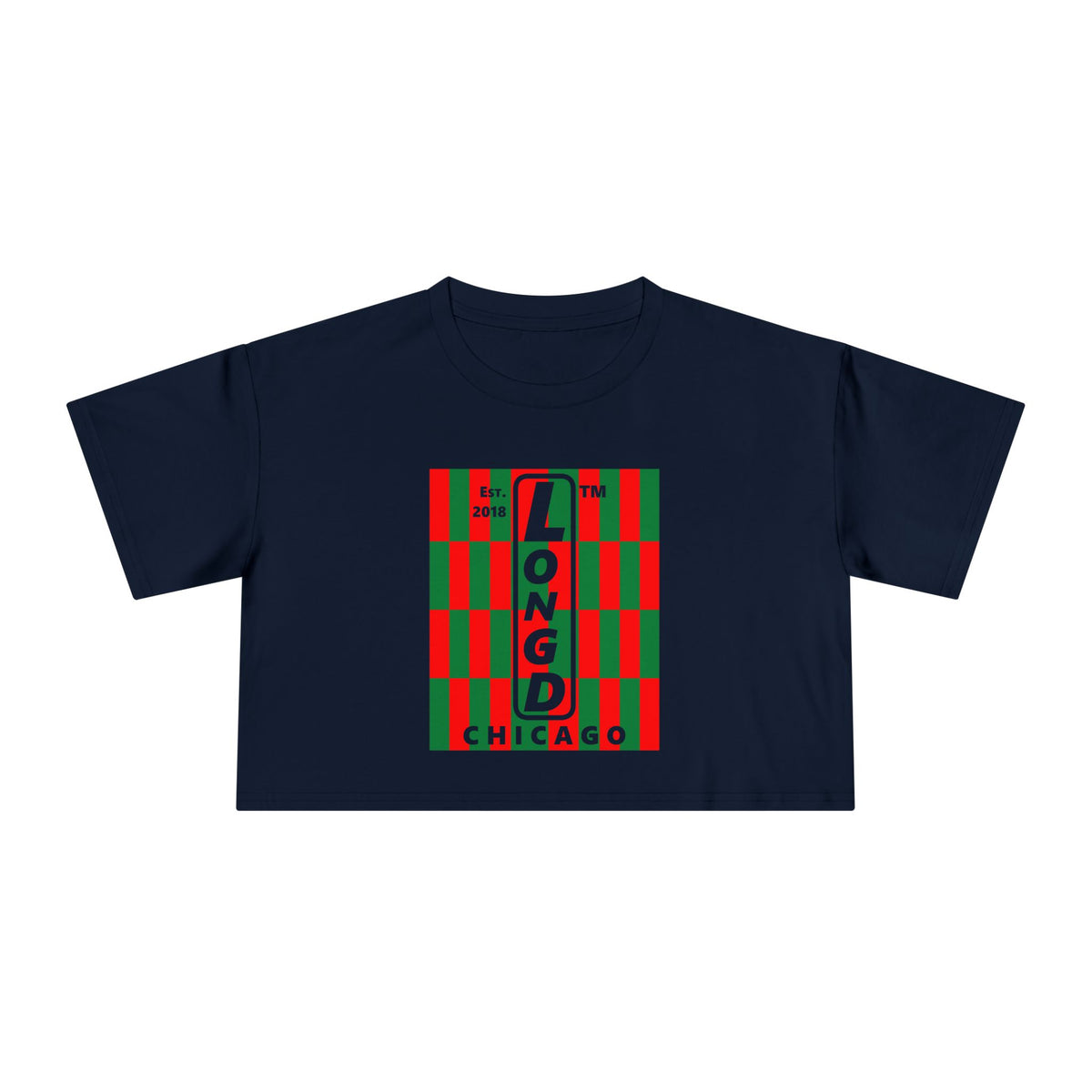 LongD Chicago negative upright tiled logo (Xmas colors) crop tee