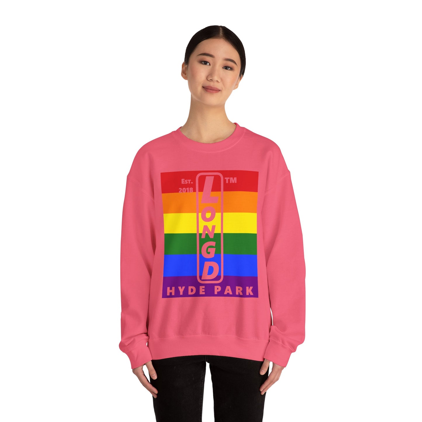LongD negative horizontal 6-striped Hyde Park upright logo crewneck sweatshirt (Pride colors)