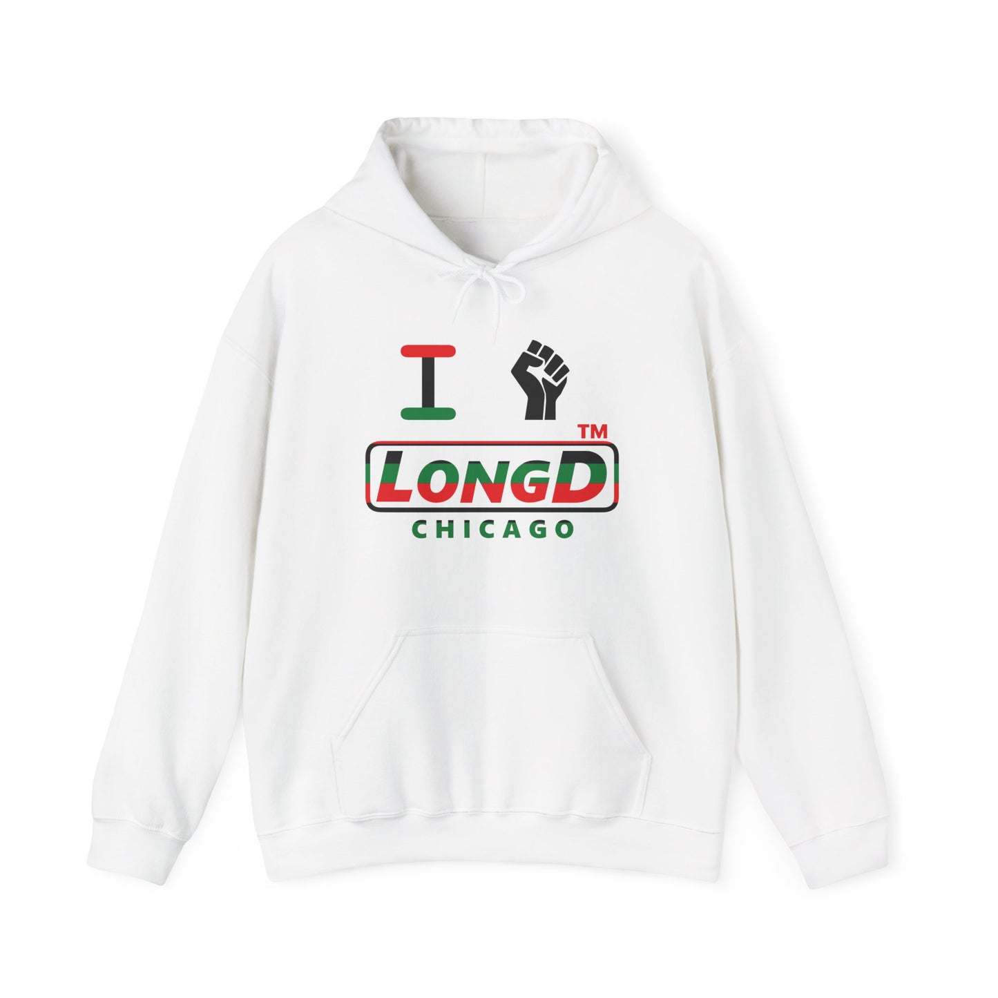 I fist LongD® positive horizontal 6-striped Chicago logo Hoodie (Juneteenth colors)