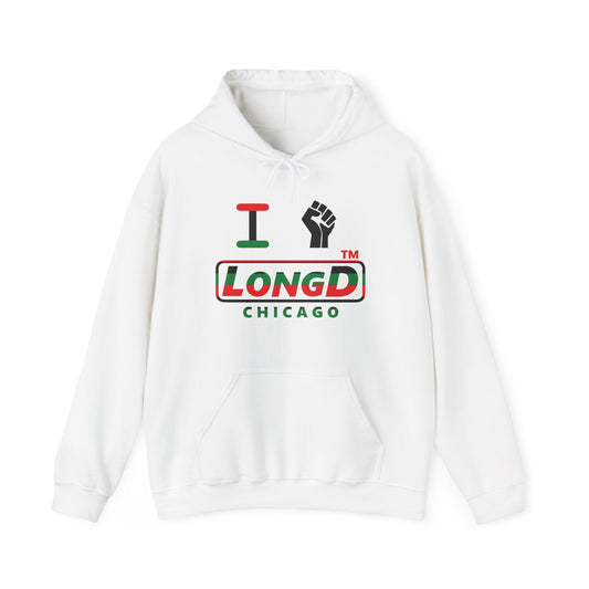 I fist LongD® positive horizontal 6-striped Chicago logo Hoodie (Juneteenth colors)