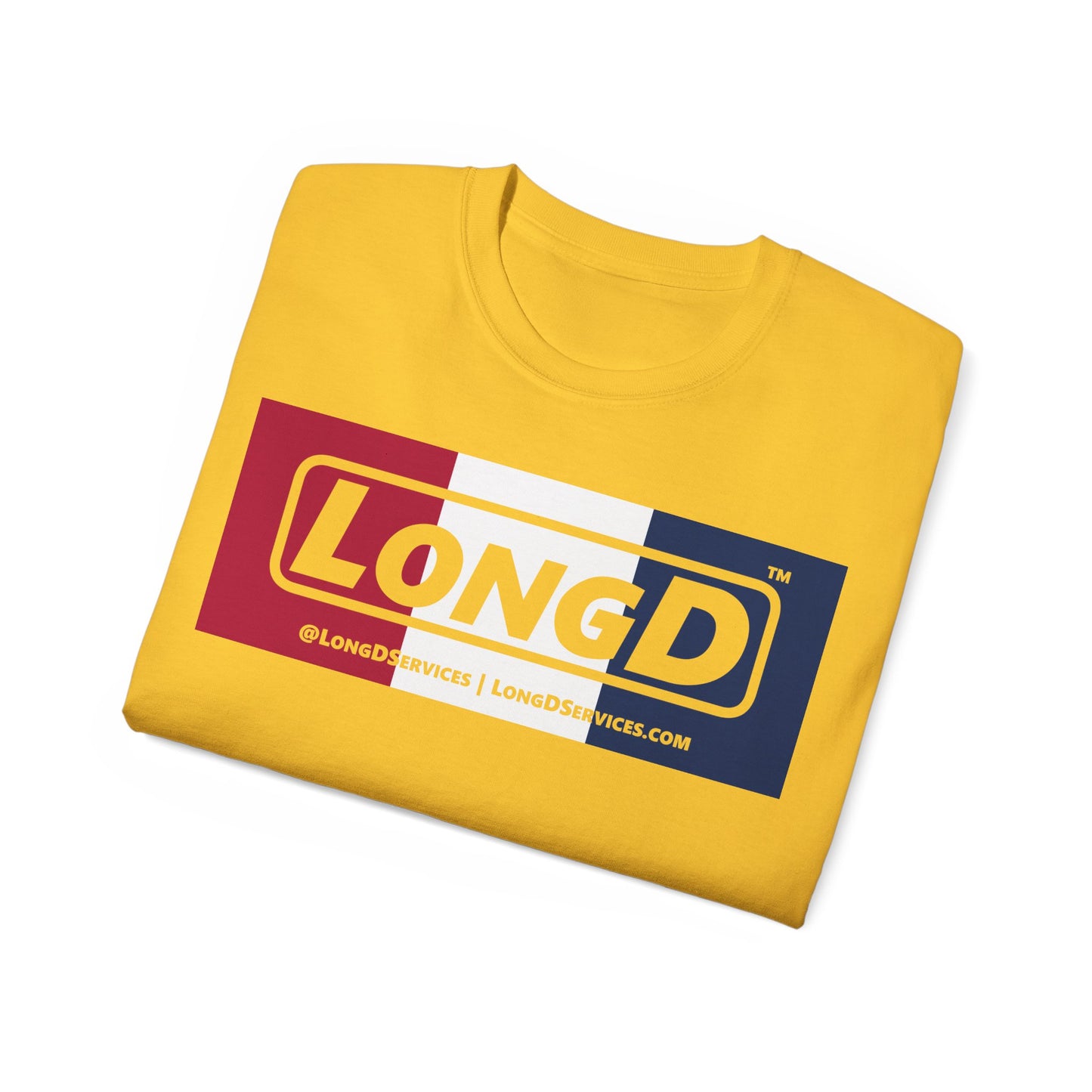 LongD® Logo Cotton Tee Red, White and Blue negative thirds text