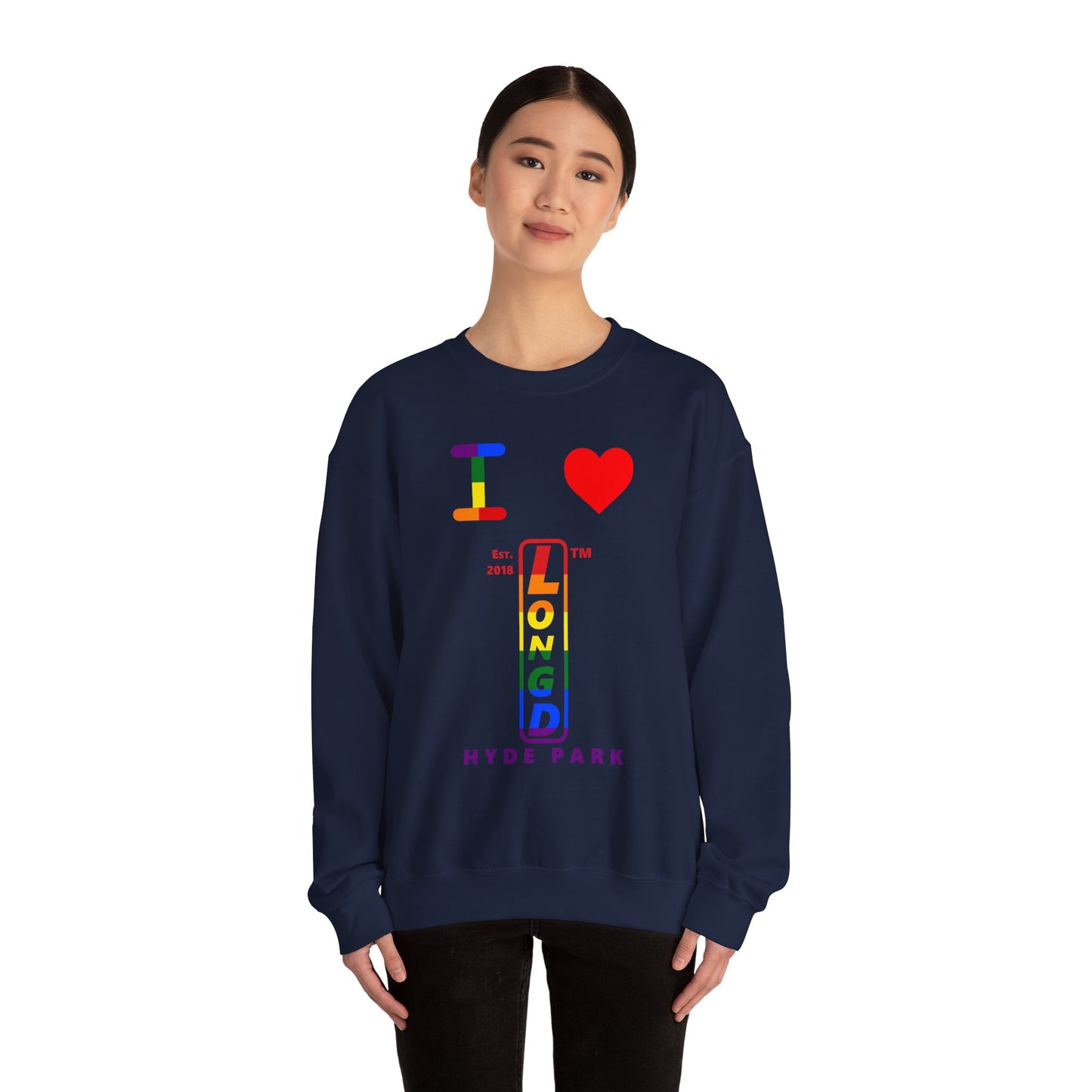 I Luv LongD positive horizontal 6-striped Hyde Park upright logo crewneck sweatshirt (Pride colors)
