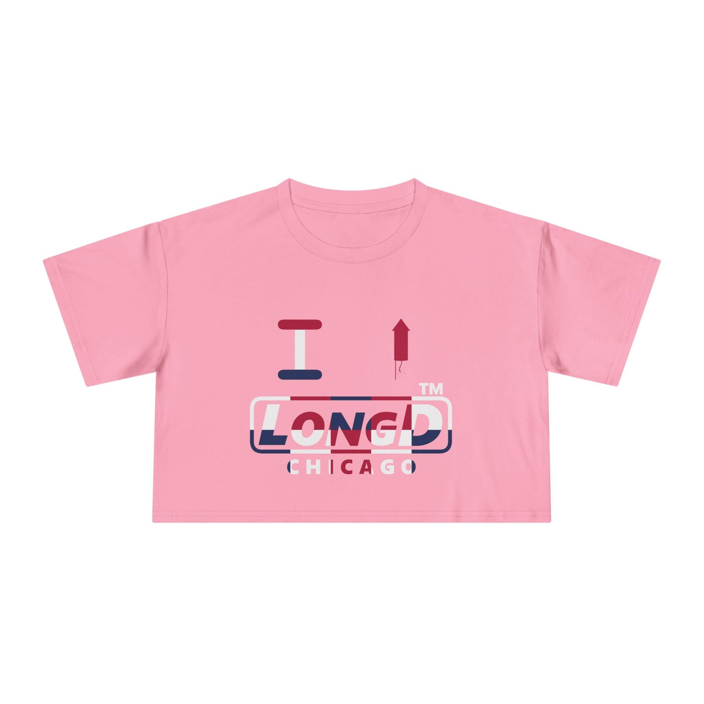 I firecracker LongD positive 2x5 double-breasted front-back Chicago Logo Crop Tee (Patriotic colors)