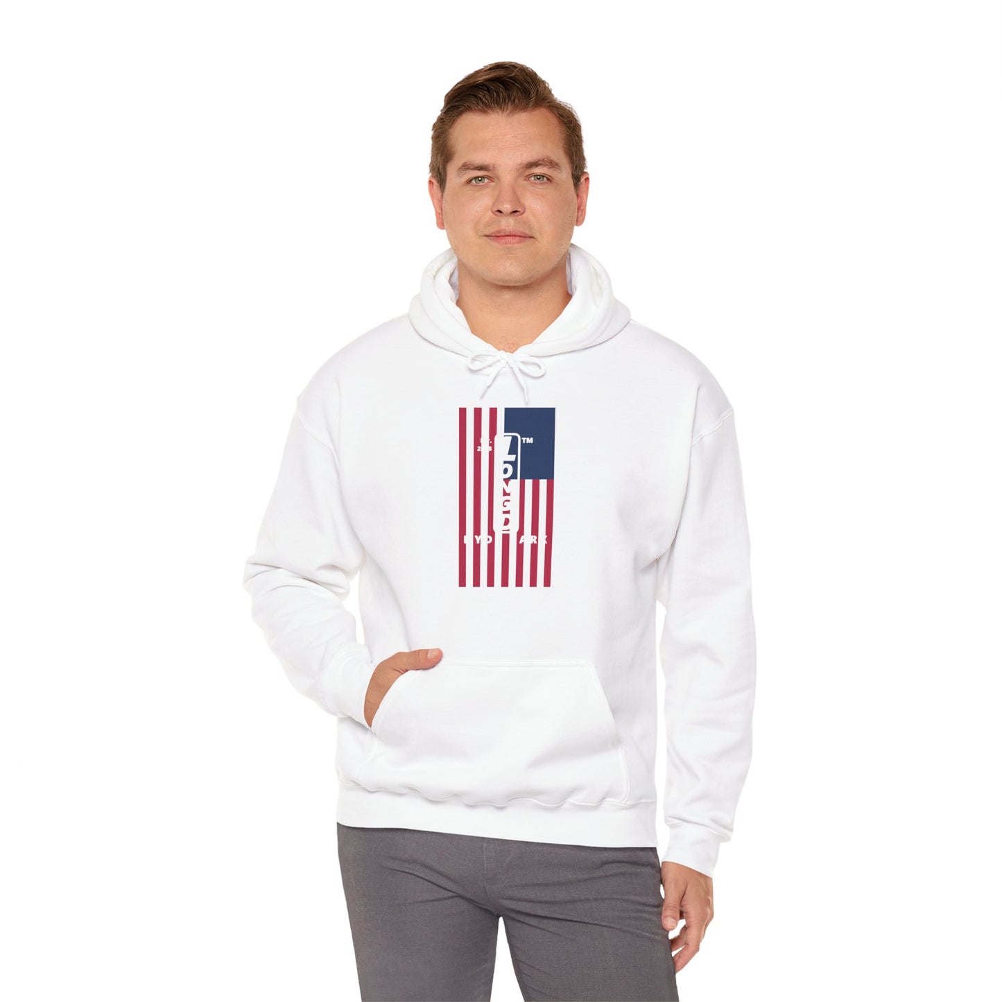 LongD® negative flag upright Hyde Park logo hoodie (Patriotic colors)