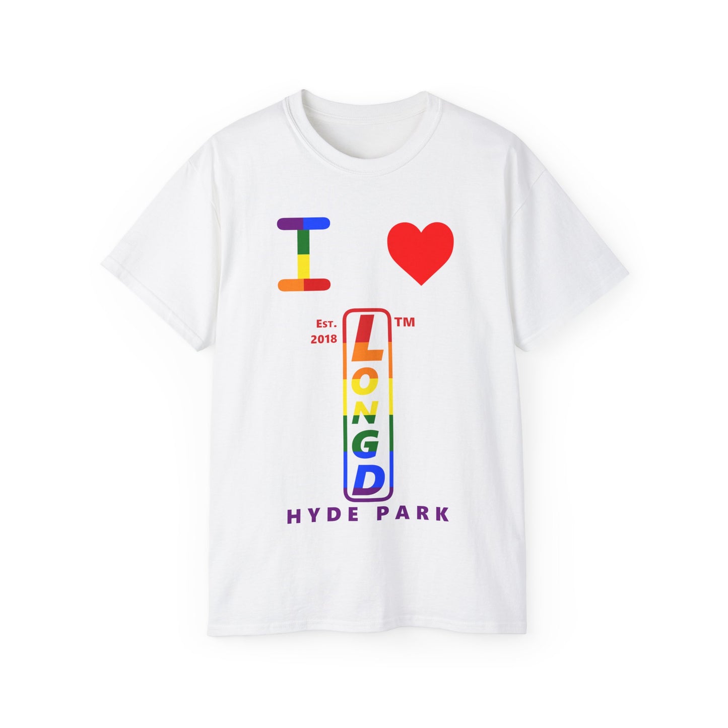 I Luv LongD Cotton Tee positive horizontal striped Hyde Park upright logo (Pride colors)