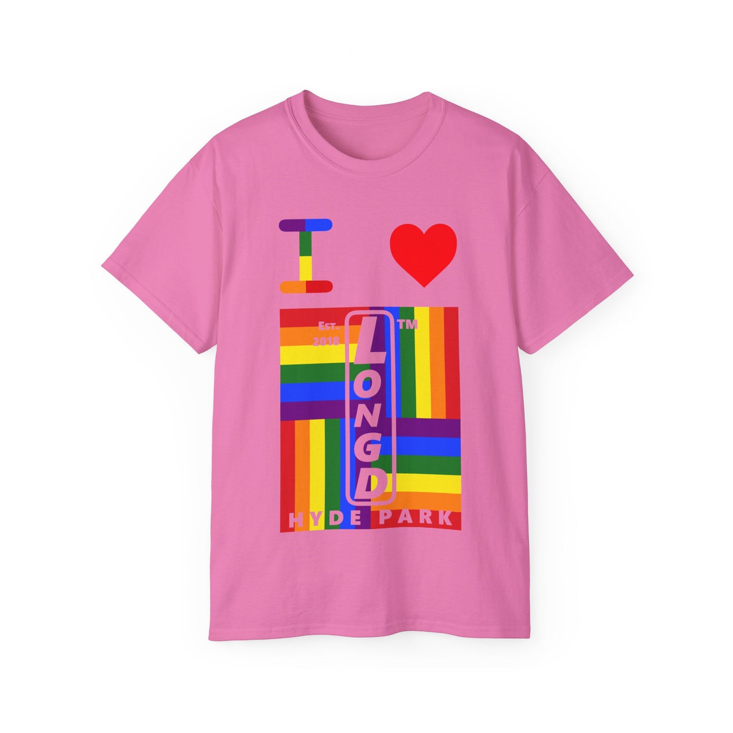 I Luv LongD Cotton Tee negative windmill Hyde Park upright logo (Pride colors)