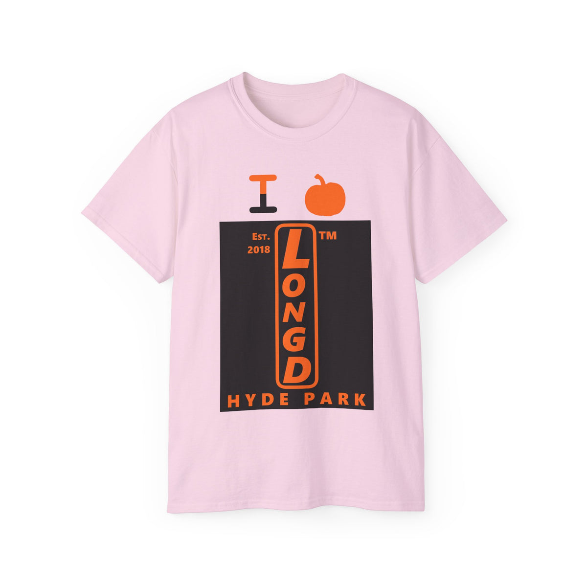I pumpkin LongD Hyde Park upright logo positive orange on negative black cotton tee