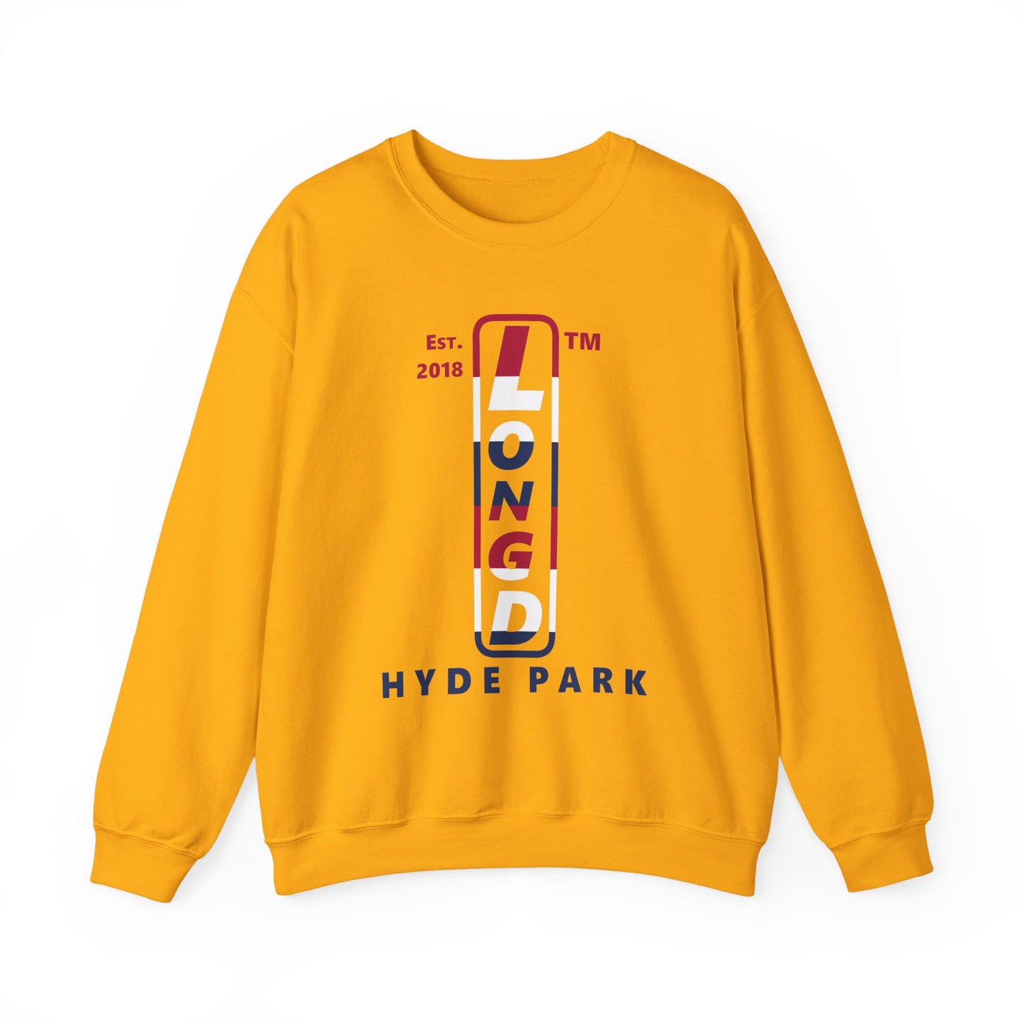 LongD positive horizontal 6-striped Hyde Park upright logo crewneck sweatshirt (patriotic colors)