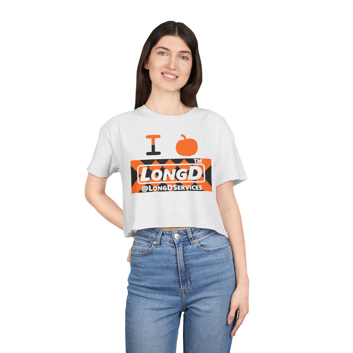 I pumpkin LongD Tag negative stylized argyle logo crop tee
