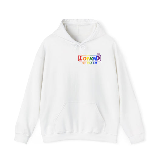 LongD® positive vertical striped single-breasted front-back Chicago logo hoodie (Pride colors)