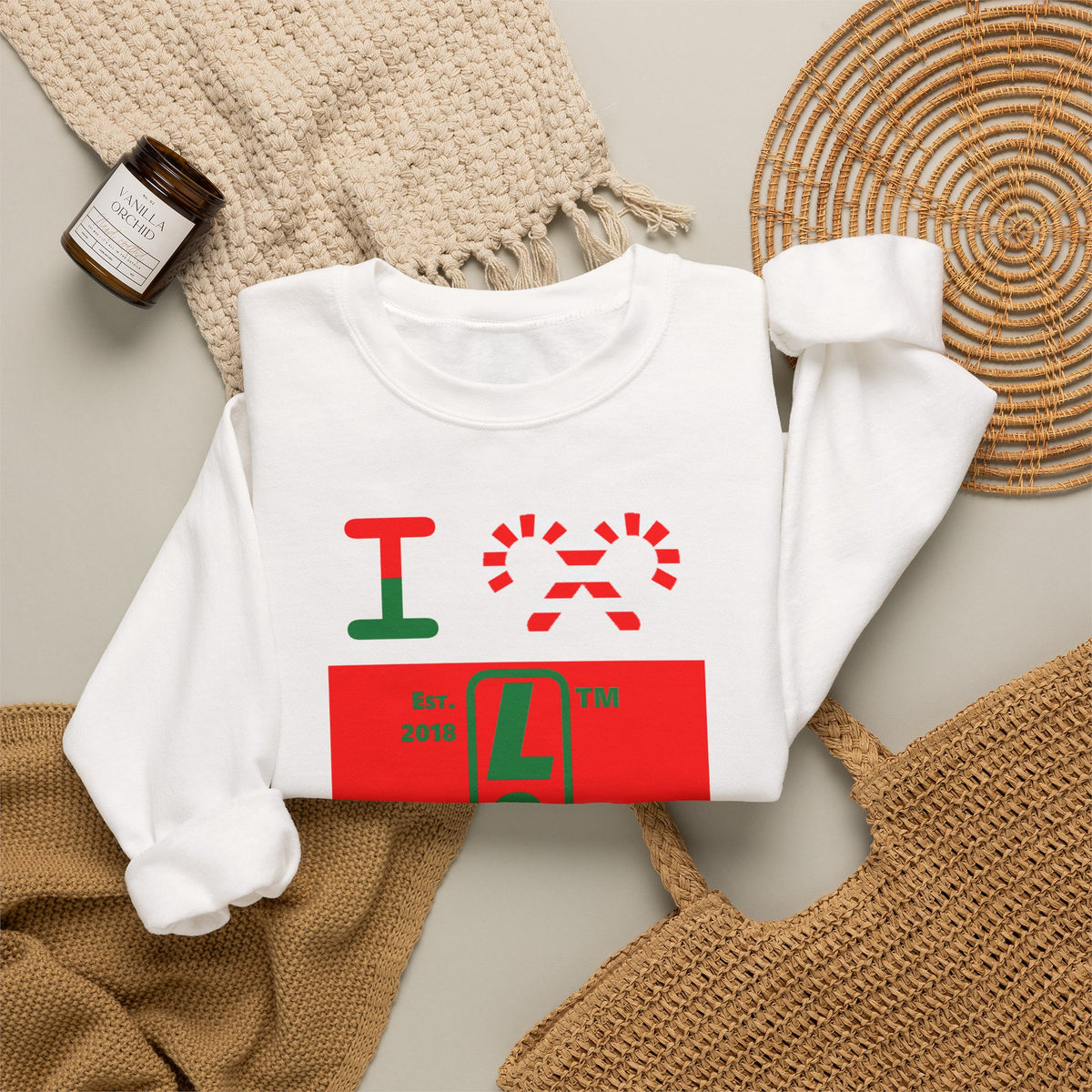 I candy cane LongD Chicago upright logo positive green on negative red crewneck sweatshirt