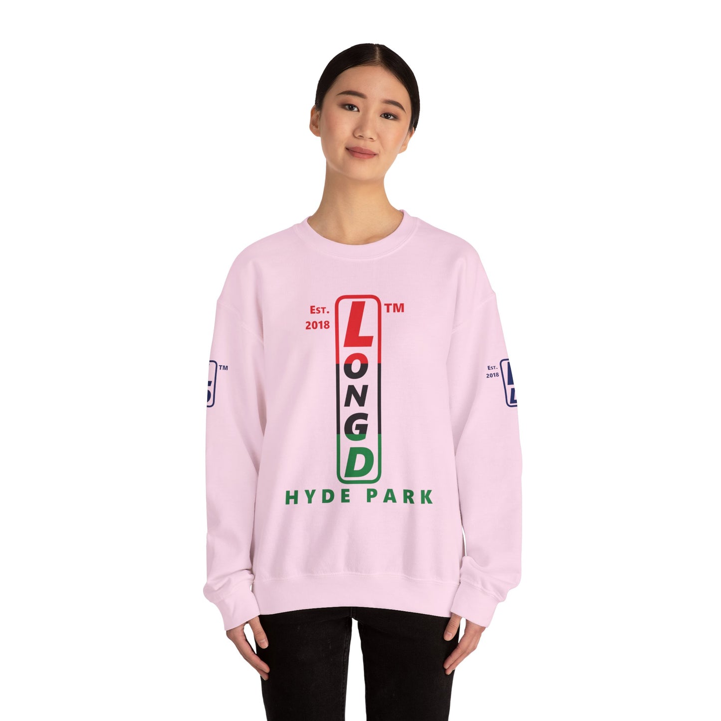 LongD positive horizontal 3-striped Hyde Park 4-print upright logo crewneck sweatshirt (Juneteenth colors)