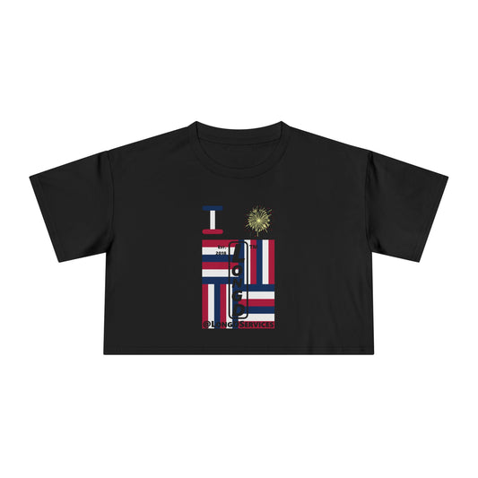 I burst LongD negative windmill upright front-reversed back tag logo crop tee