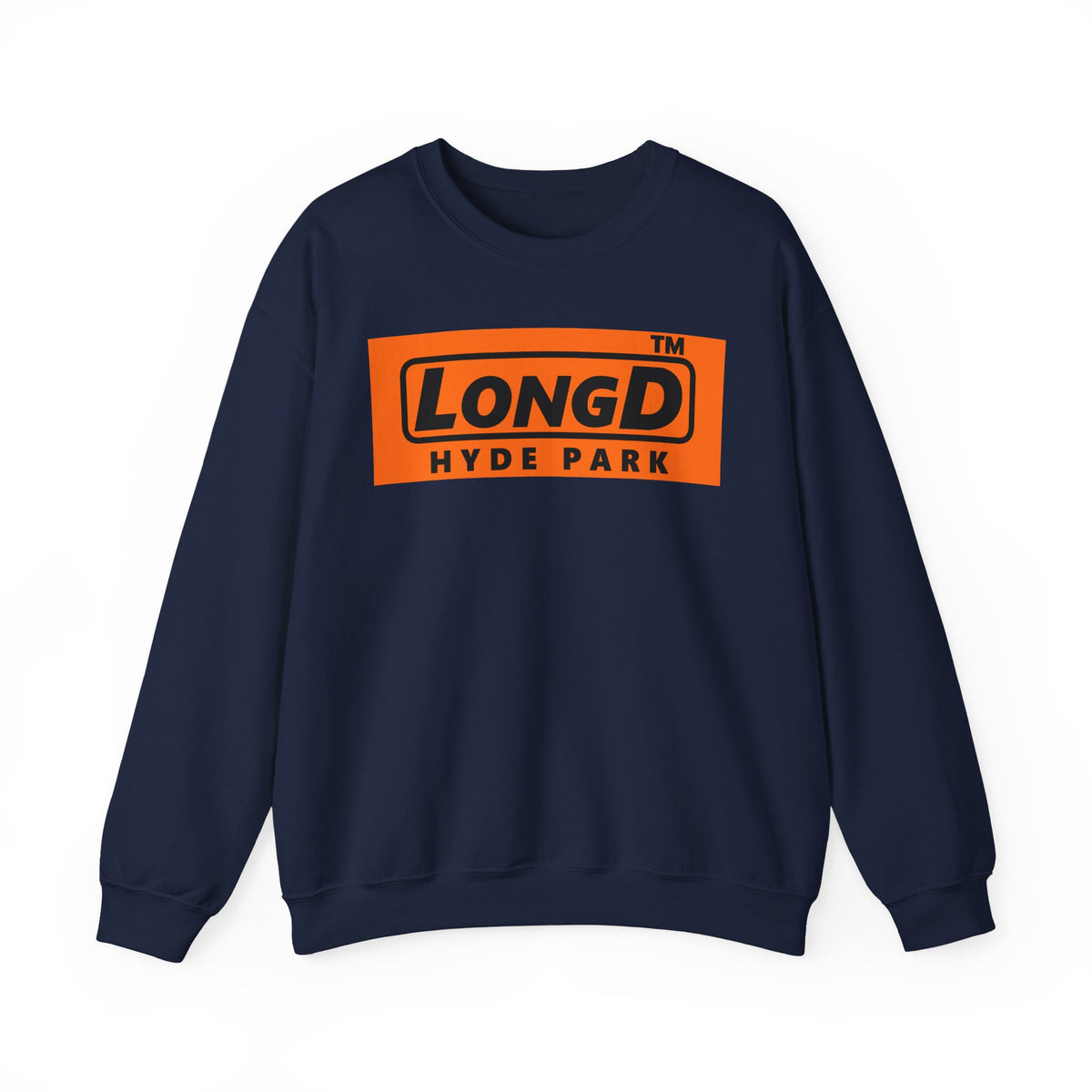 LongD Hyde Park logo Black (000000) on orange (FE7518) (Halloween colors) crewneck sweatshirt