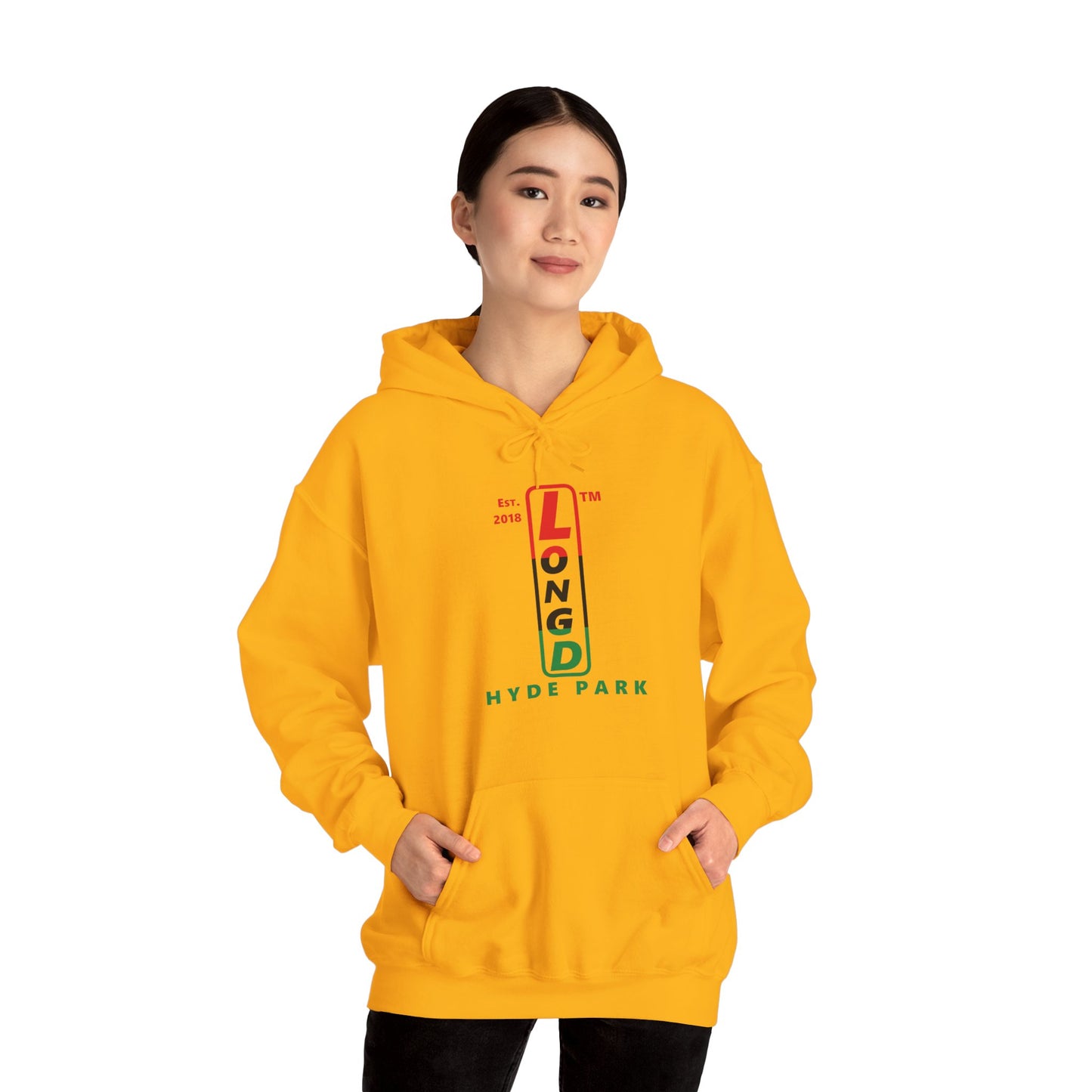 LongD® positive horizontal 3-striped upright Hyde Park logo hoodie (Juneteenth colors)