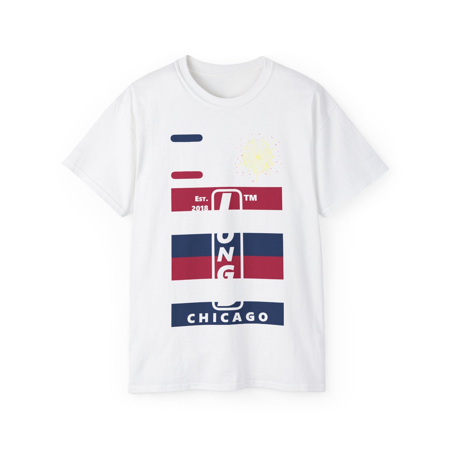 I Burst LongD cotton tee negative horizontal 6-striped Chicago upright logo (Patriotic colors)