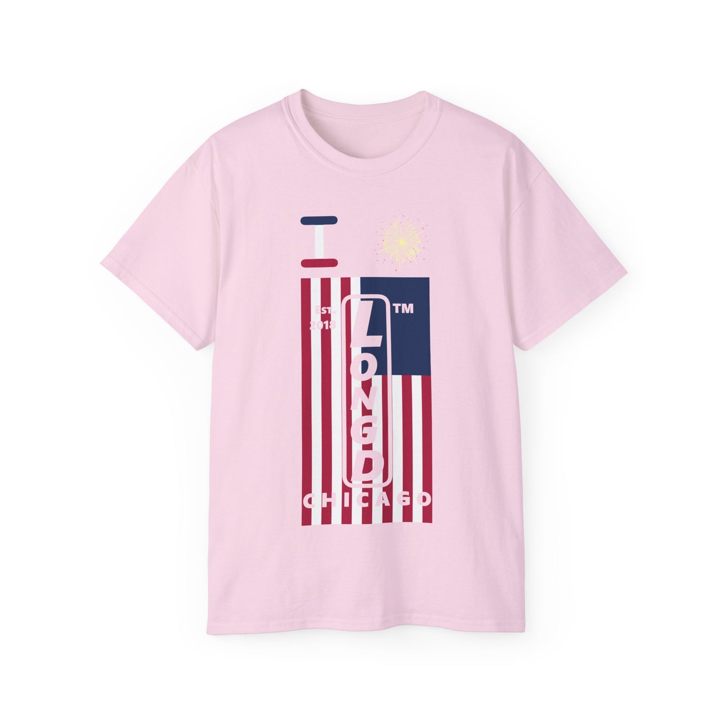 I Burst LongD cotton tee negative flag Chicago upright logo (Patriotic colors)