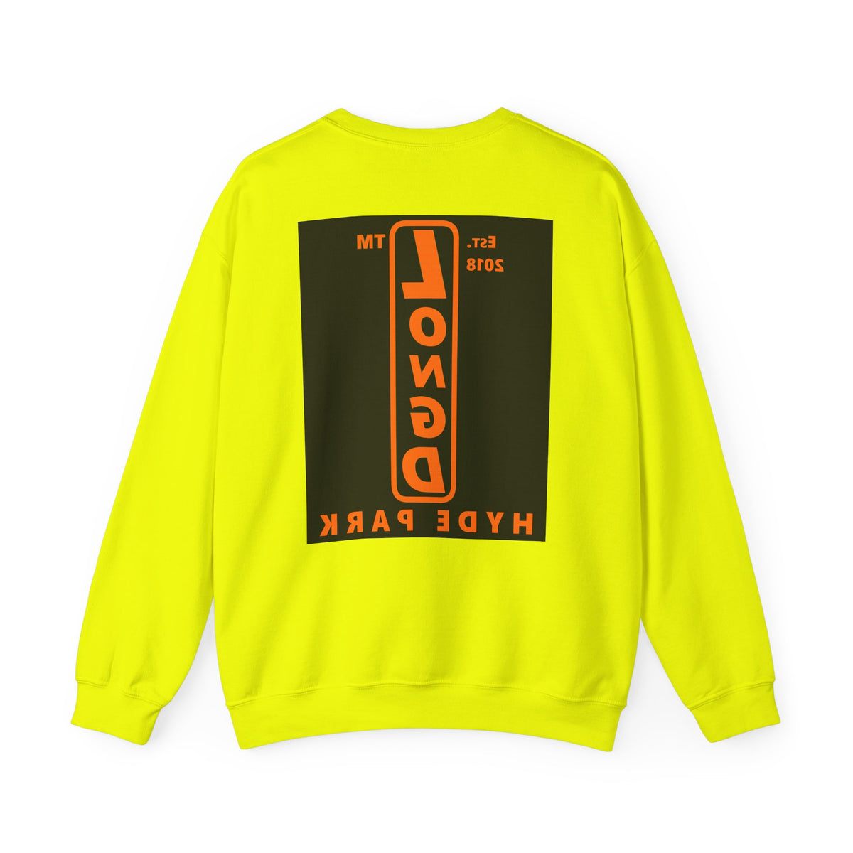 LongD Hyde Park upright front-back logo orange (FE7518) on Black (000000) crewneck sweatshirt