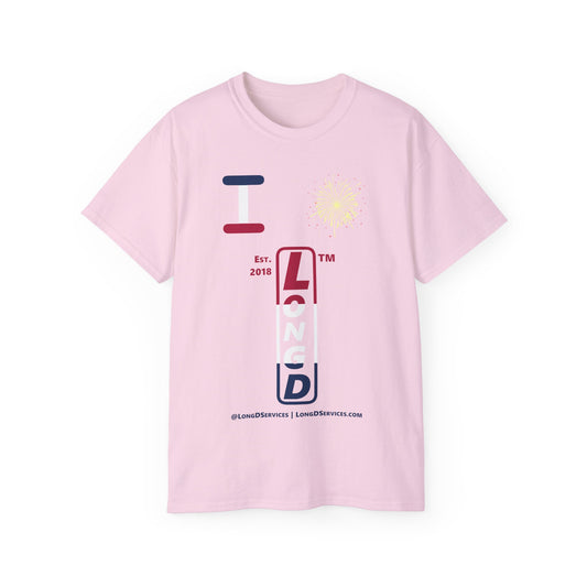 I Burst LongD cotton tee positive horizontal 3-striped tag-domain upright logo (Patriotic colors)